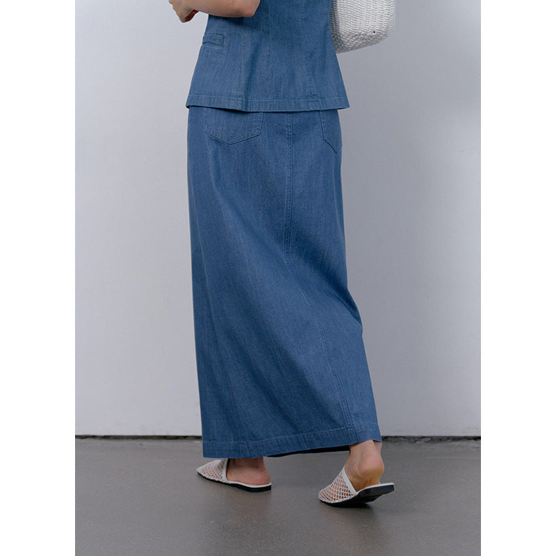 Dame Midikjole lavet af højkvalitets denim med høj talje og elegant trompetlook Stilla