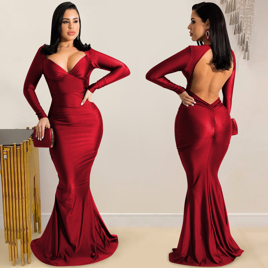 Dame Figurformet Glamour Aftenkjole med smart V-udskæring og lange ærmer Stilla