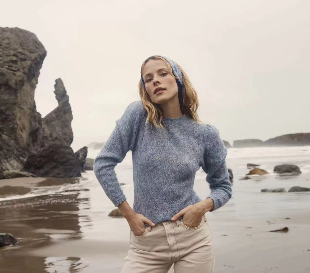 Dame finstrikpullover med elegante puffærmer og unikt teksturmønster Stilla