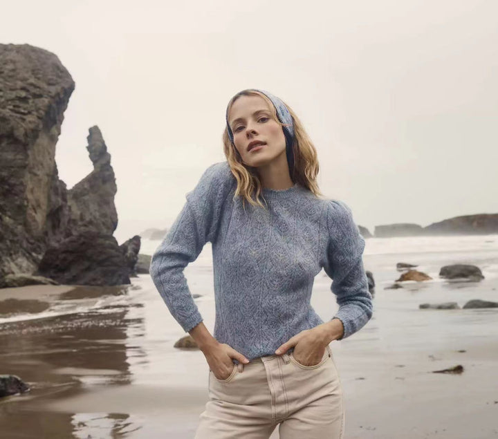 Dame finstrikpullover med elegante puffærmer og unikt teksturmønster Stilla