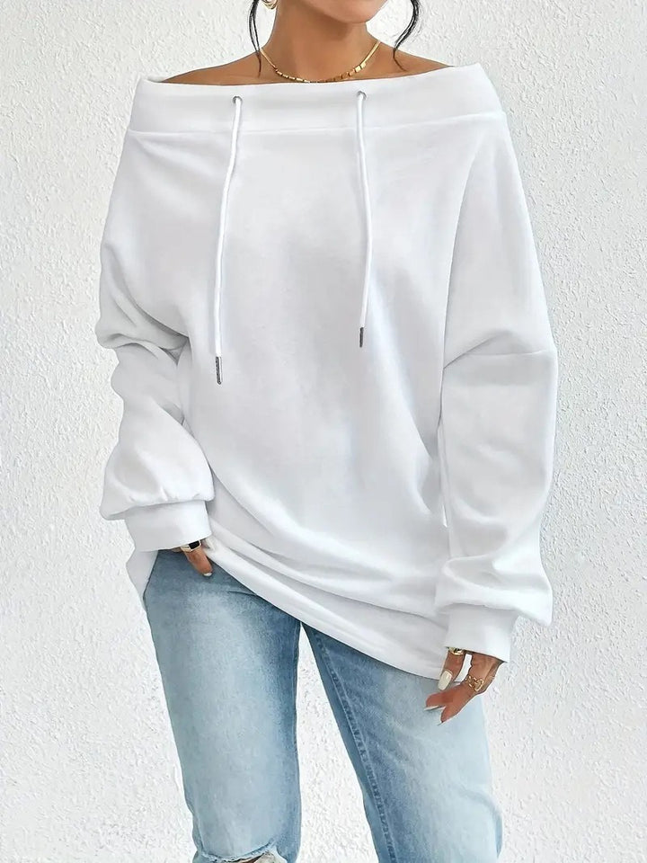 Kvinders afslappede oversized pullover med åben krave og praktiske snore