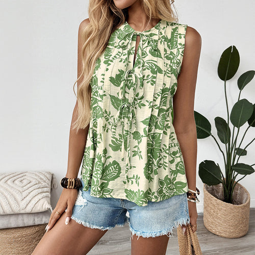 Dame Floral Plissé Nøgle-Hul Tanktop Stilla