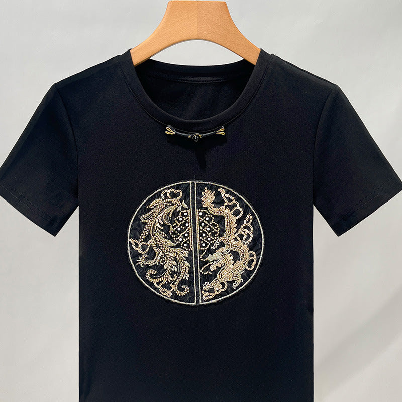 Dame T-shirt med kunstnerisk dragebroderi og elegant ståkrave Stilla