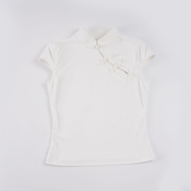 Dame chiffon top med elegant ståkrave og fine broderidetaljer Skovae