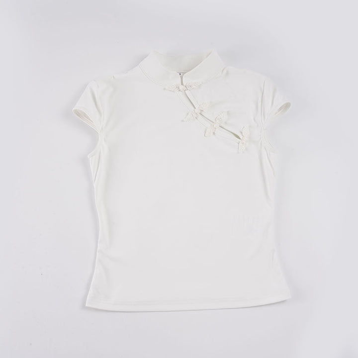 Dame chiffon top med elegant ståkrave og fine broderidetaljer Skovae