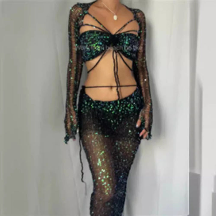 Dame Glitter Net Bukser med Glitrende Pailletter og Elegant Design
