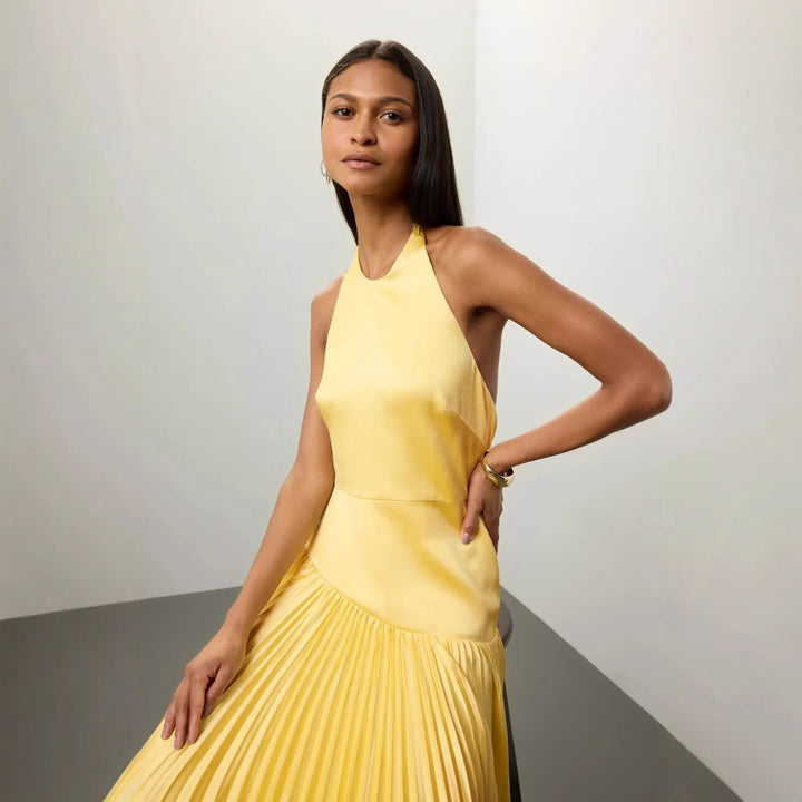 Dame Elegant Maxi Kjole med Flydende Plisseret Nederdel og Halterneck Design