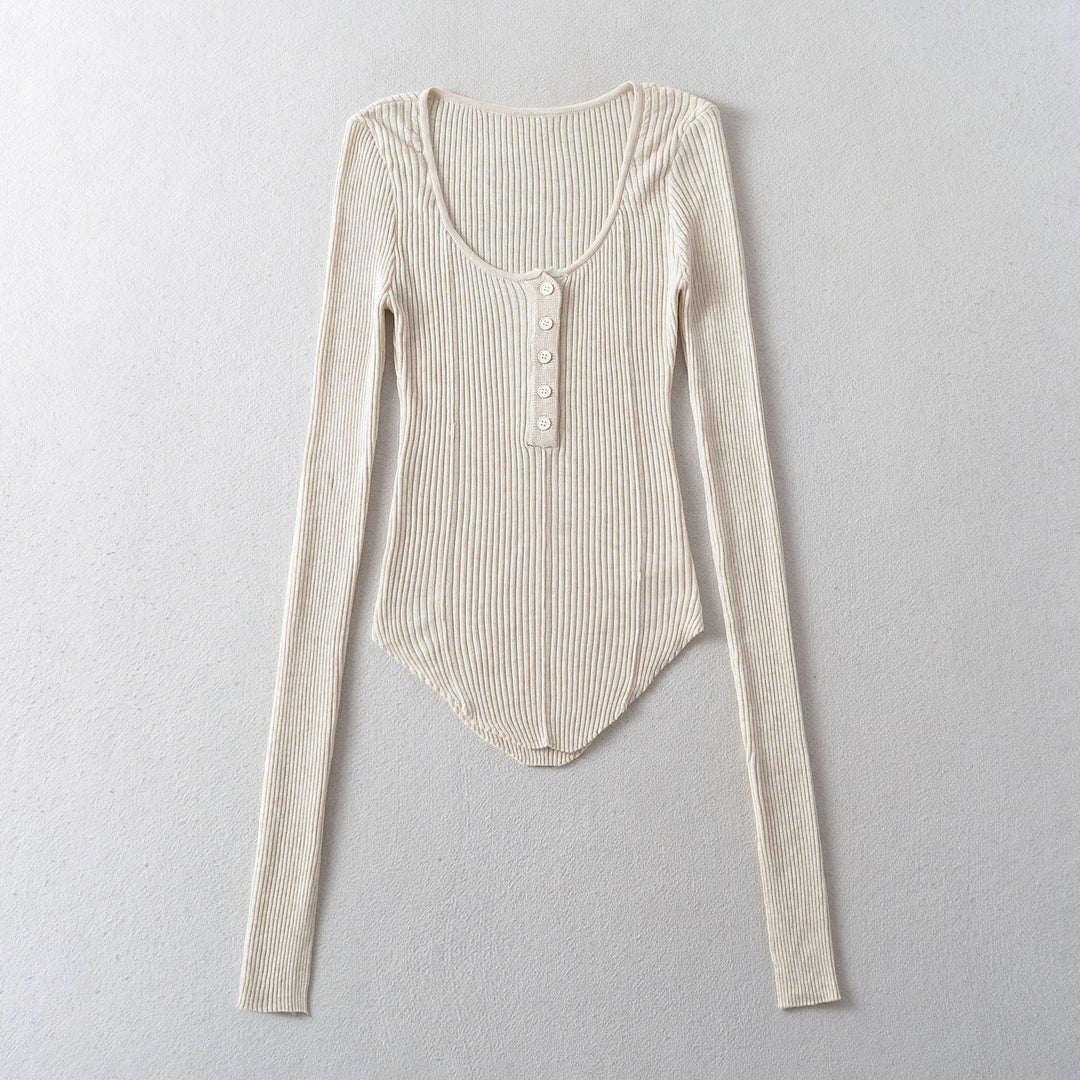 Dame Langærmet bodystocking i elegant ribdesign med knapstolpe Stilla