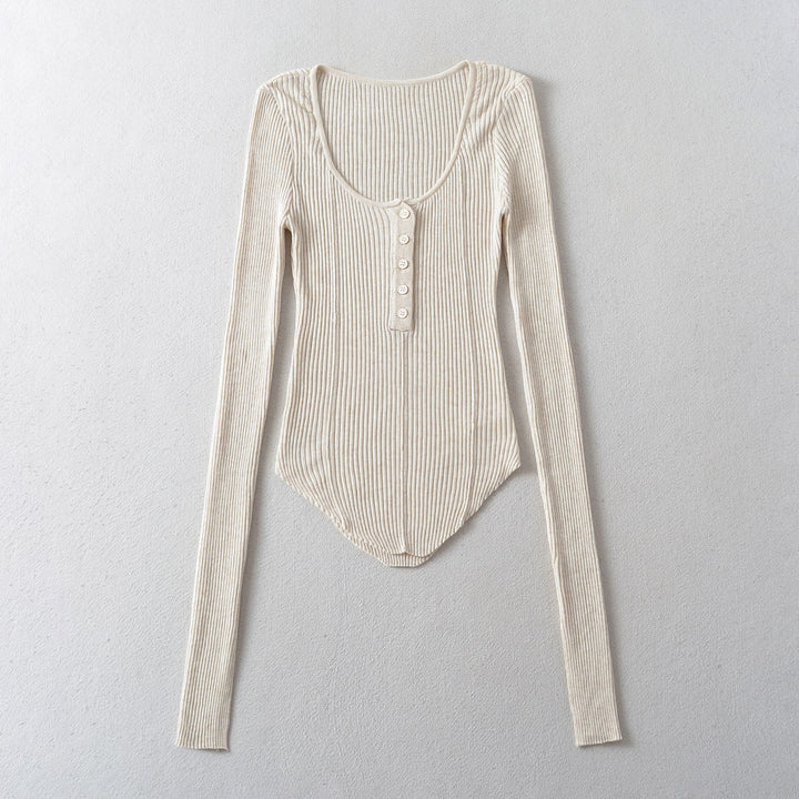 Dame Langærmet bodystocking i elegant ribdesign med knapstolpe Stilla