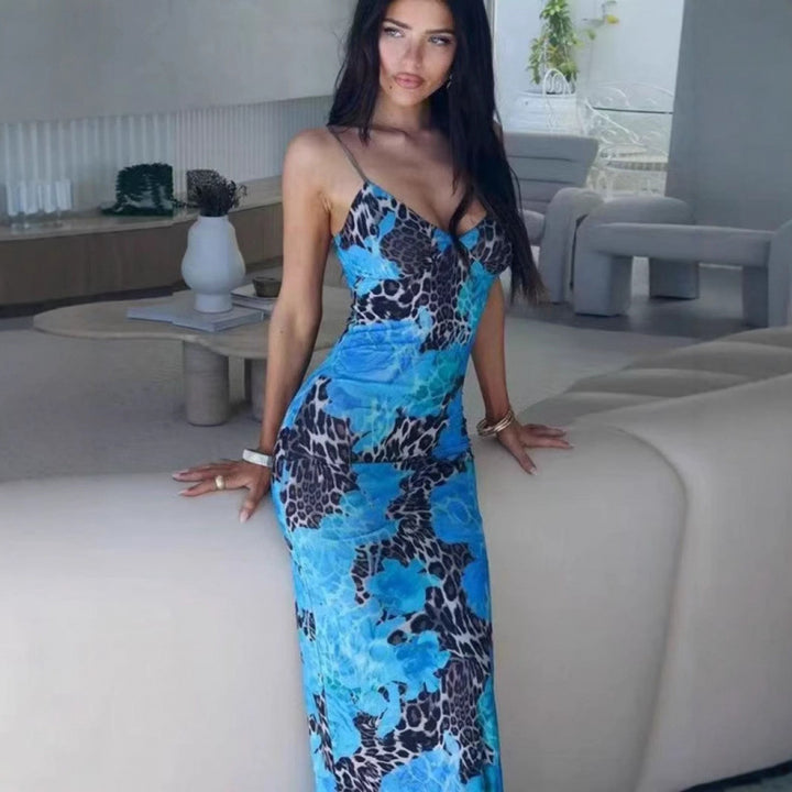 Dame Floral Print Maxi Kjole med Stropper bag Stilla