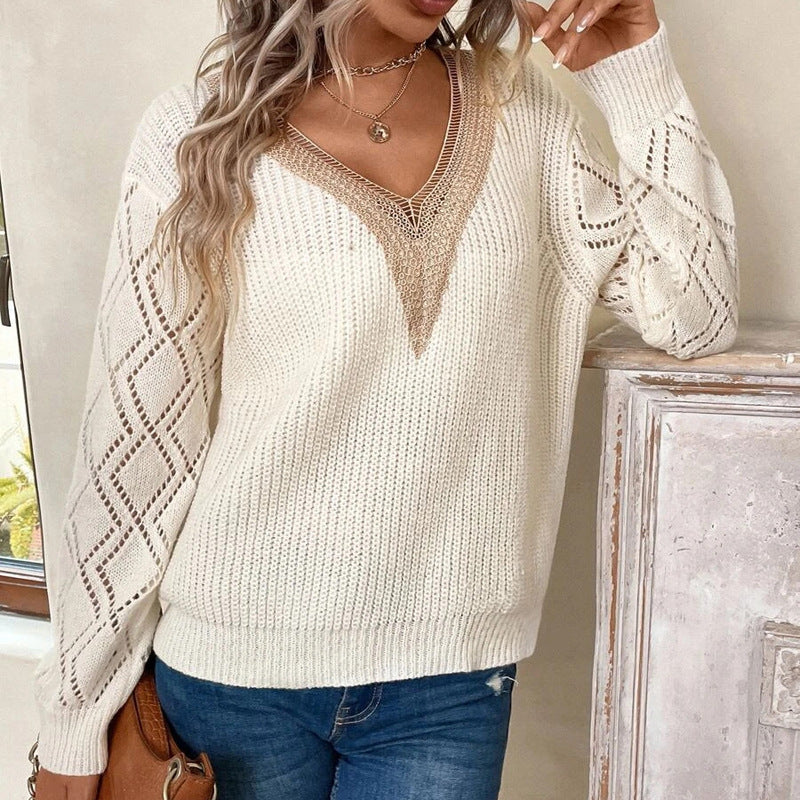 Femme struktureret V-hals strikpullover med spidse accenter Stilla