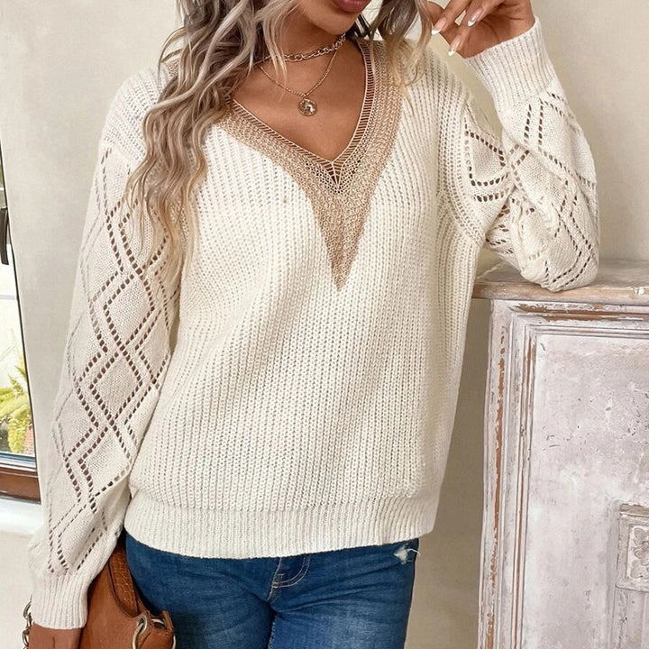 Femme struktureret V-hals strikpullover med spidse accenter Stilla