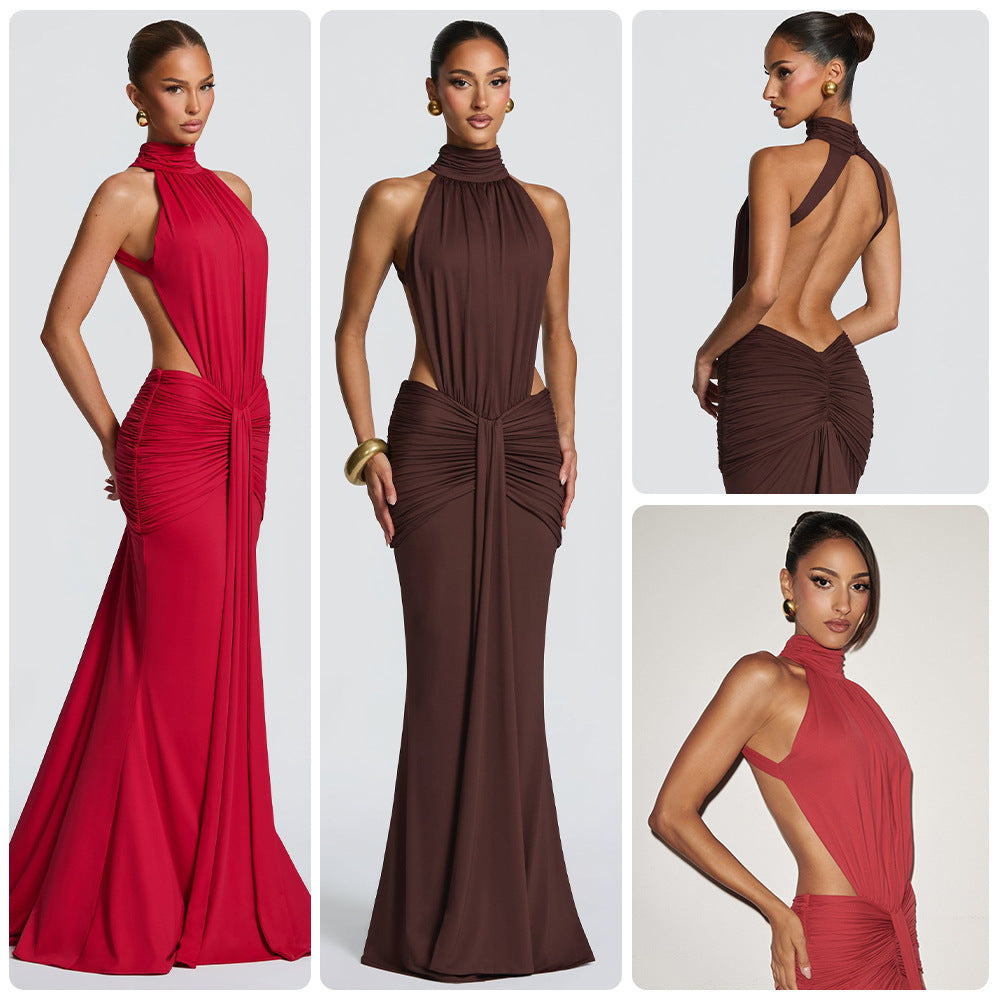 Dame Elegant Maxi Kjole med Stilfuld Halterneck Design og Sofistikeret Draperingselement Skovae