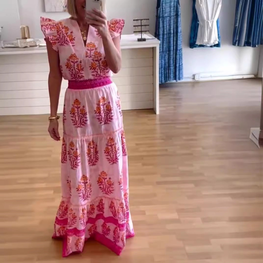 Dame Maxikjole med blomsterdesign og flæsedetaljer Stilla