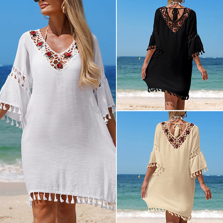Dame Hæklet Strandkjole med elegant broderi og frynser Skovae