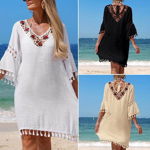 Dame Hæklet Strandkjole med elegant broderi og frynser Skovae