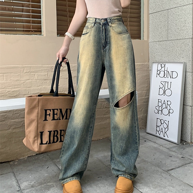 Damer Bred Denim Bukser med Asymmetrisk Knapper Stilla