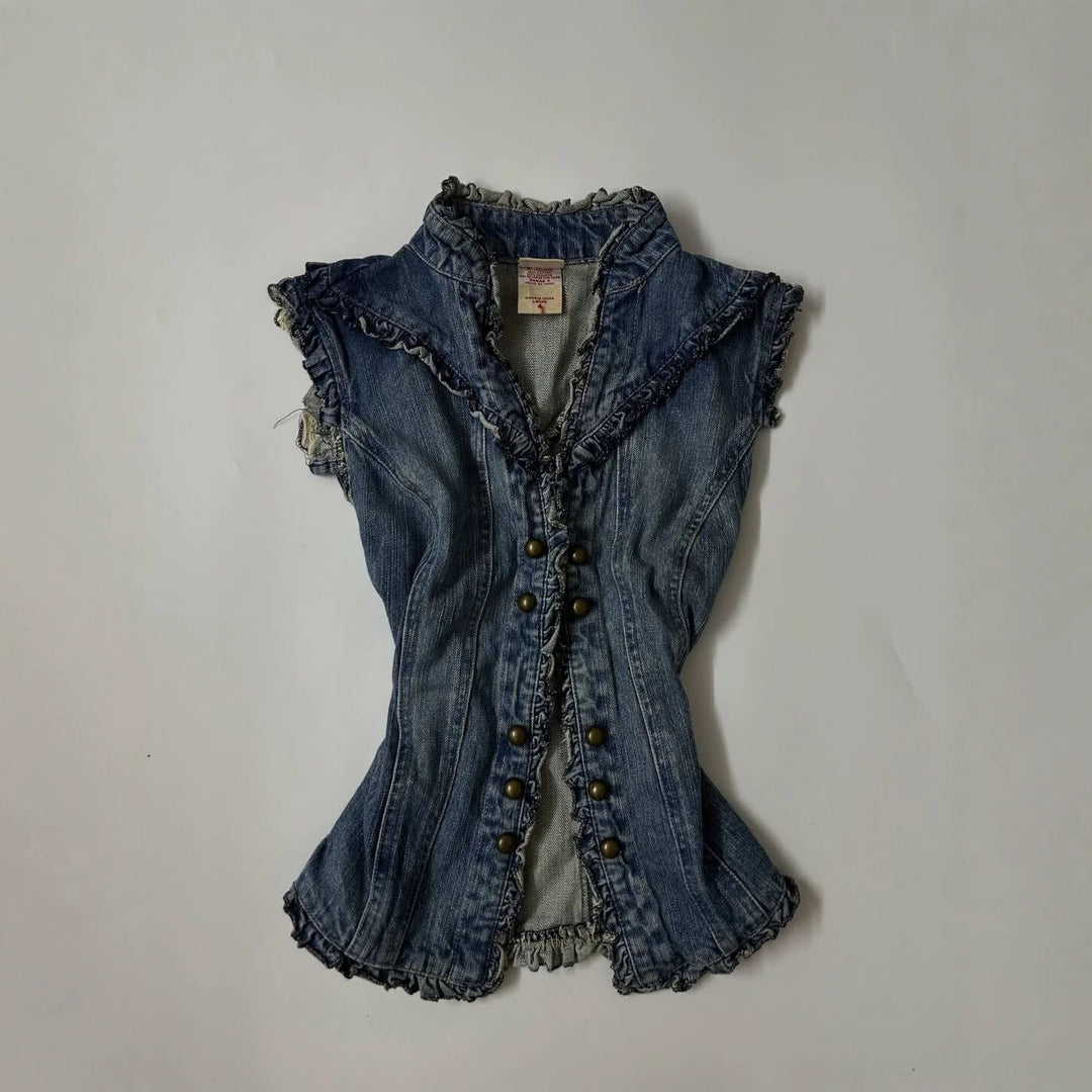 Dame denimvest med legende flæse-design Skovae