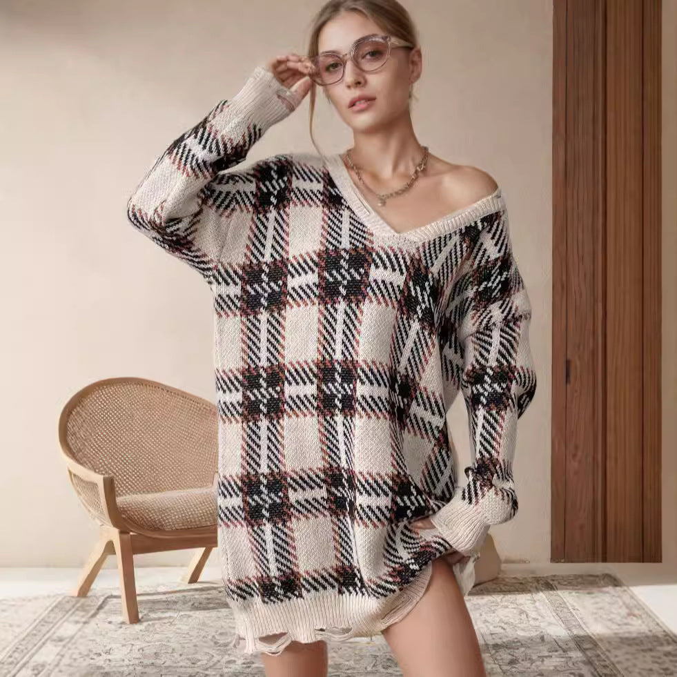 Kvinder Oversized V-hals Sweater med Tjekket Mønster Stilla