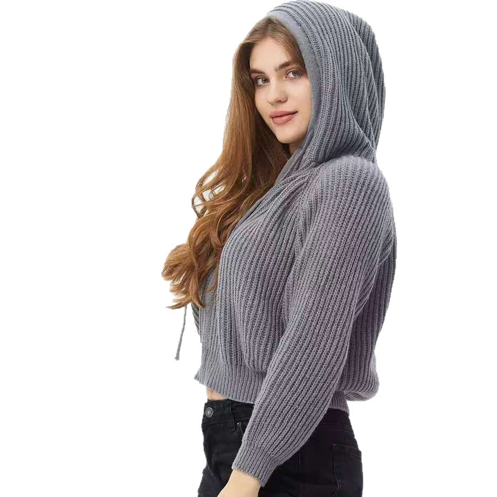 Women's Cropped Hoodie lavet af blødt ribbede strikmateriale med praktiske snore Stilla