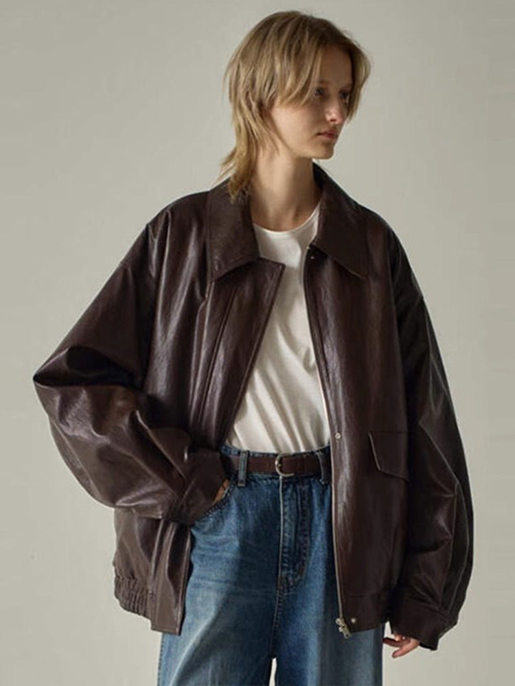 Dame oversized læderjakke i urban stil med praktiske lommer og kvalitetsmateriale Stilla