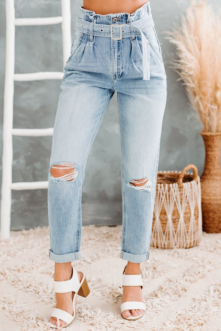 Dame højtaljede jeans med fashionable riv og aftageligt bælte Stilla