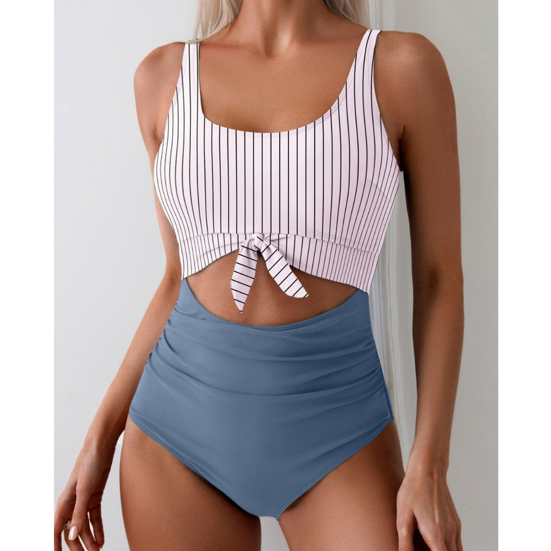 Dame Højskåret Bikini med fashionable knude-detail og stribemønster Stilla