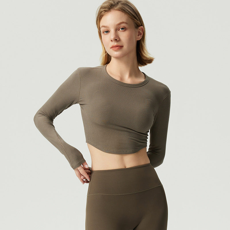 Damer mode Langærmet Crop-Top i elastisk ribmateriale med rund halsudskæring Stilla