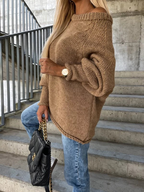 Dame afslappet striktrøje med bred pasform og Off-Shoulder design Stilla