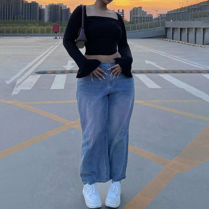 Dame Crop Top med ribbet design og bred ærme Stilla