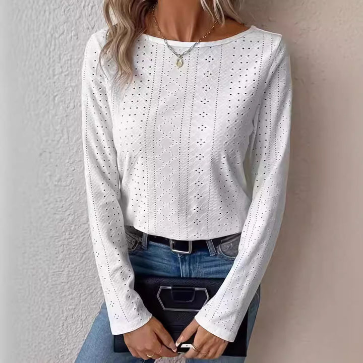 Dame Longsleeve-T-Shirt med hulmønster og rund halsudskæring Stilla