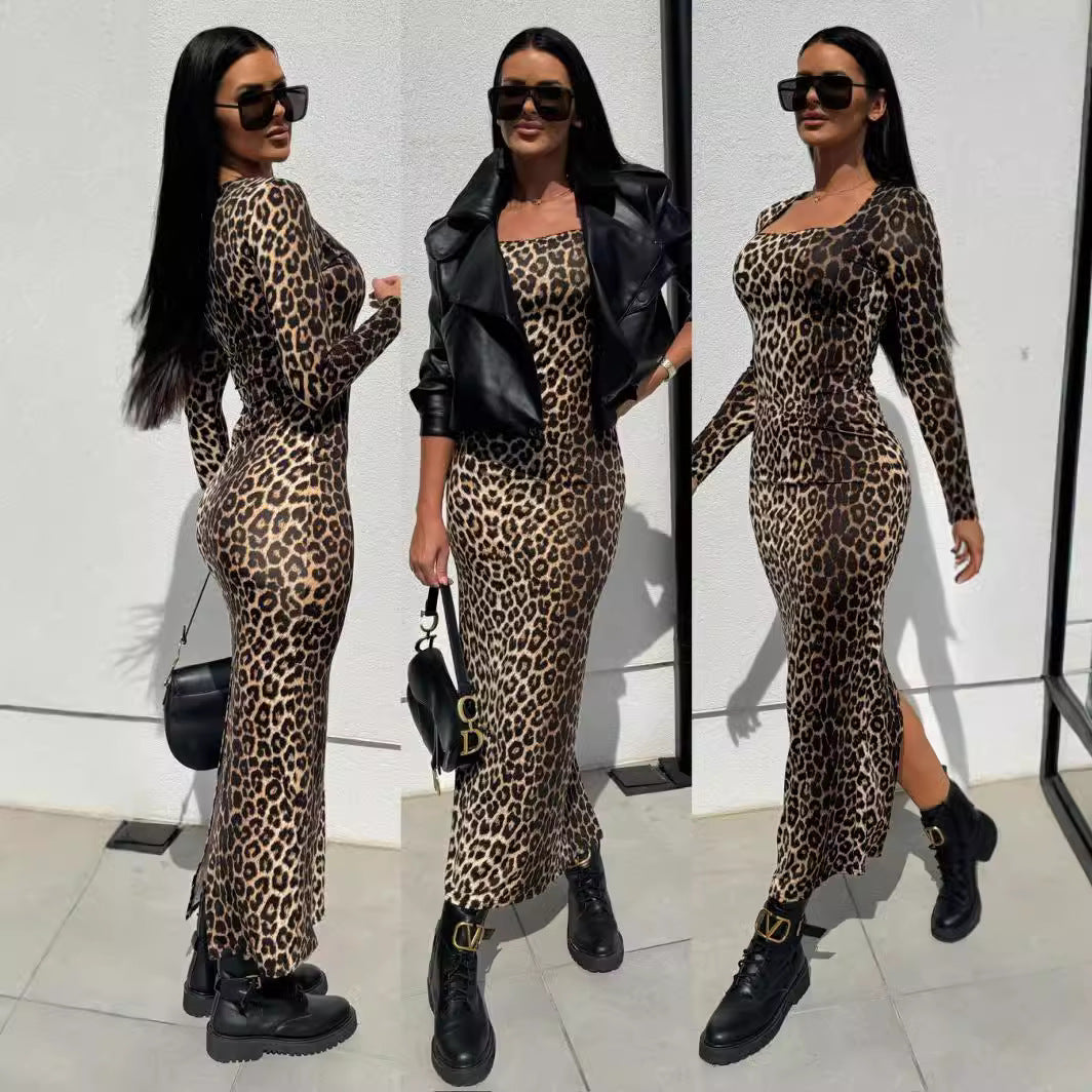 Dame Langærmet Leoparden Print Bodycon Kjole Stilla
