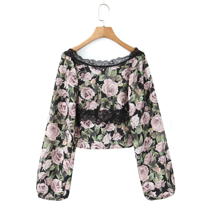 Dame blomster mønster crop-top med spids accenter og afslappet snit Stilla