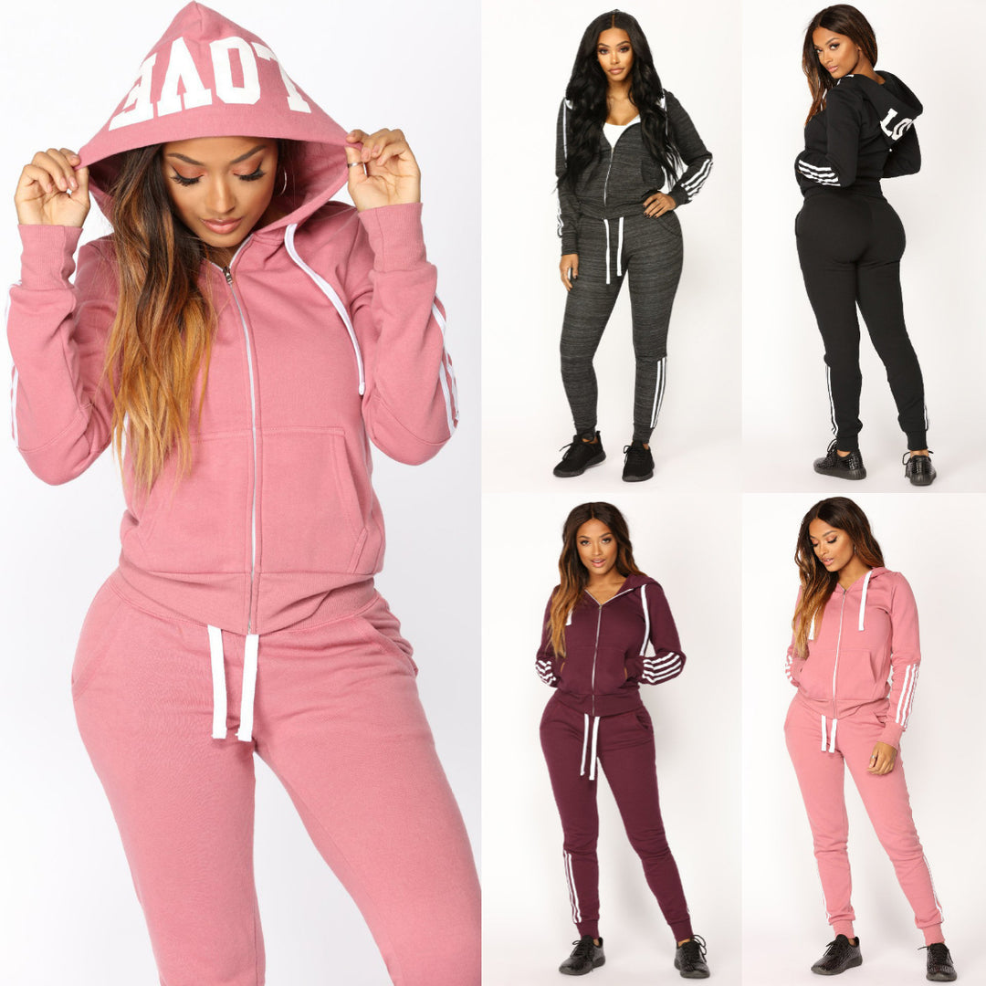 Kvinders sporty hætte-tracksuit med elastisk talje og moderne stribe-design Skovae