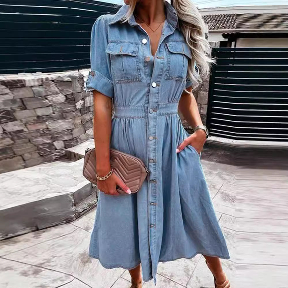 Kvindernes denim skjortekjole med praktiske lommer og elegant talje Stilla