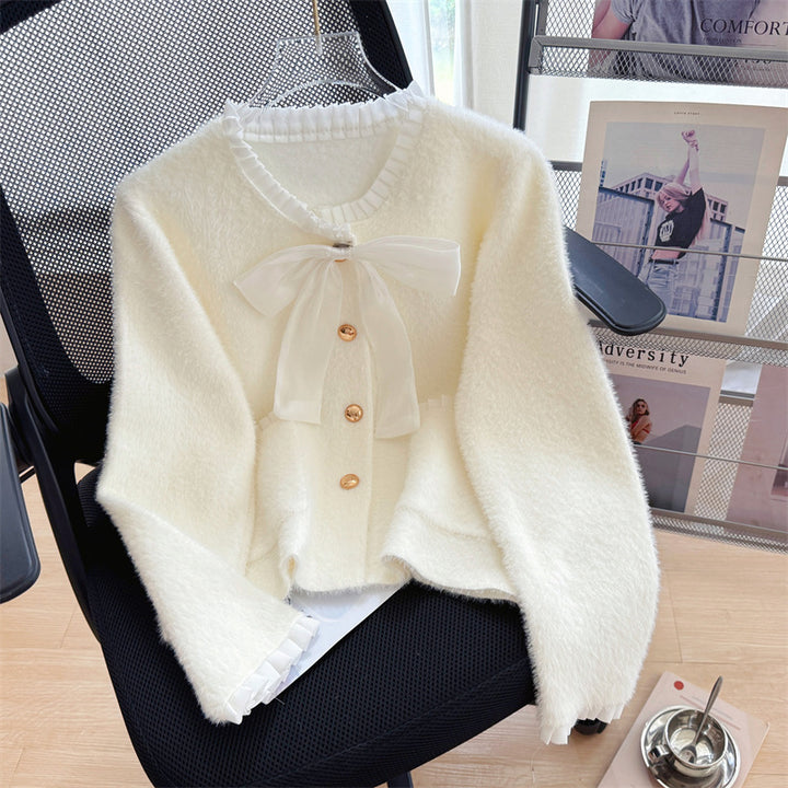 Dame Fluffy Cardigan med Elegant Sløjfe Krave og Dekorative Knapper Stilla