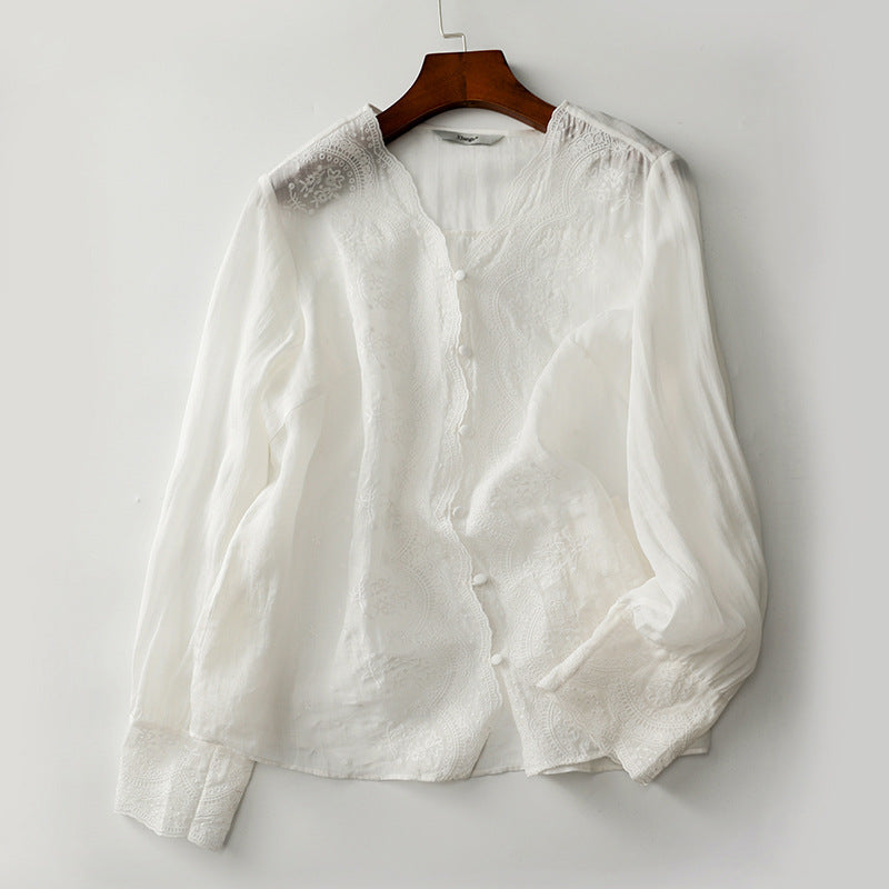 Damer elegant bluse med fin broderi og romantisk krave Stilla