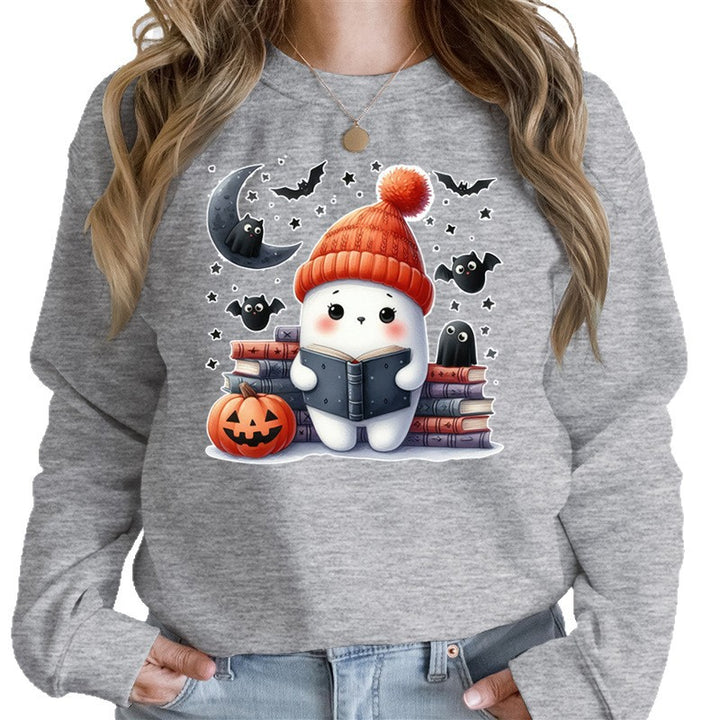Kvinders sweatshirt med sødt Halloween-motiv og bogdesign Stilla