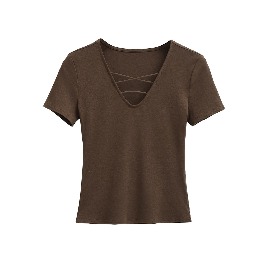Dame afslappet V-hals T-shirt med unikt rygdesign Stilla