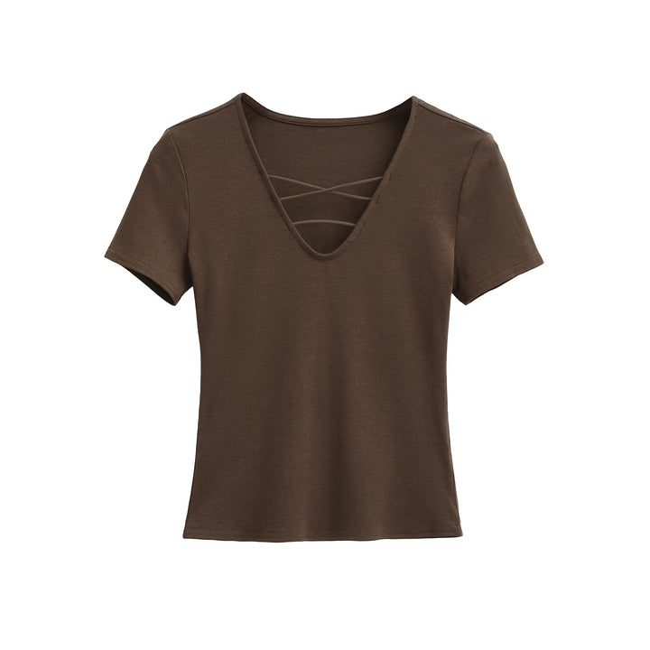 Dame afslappet V-hals T-shirt med unikt rygdesign Stilla
