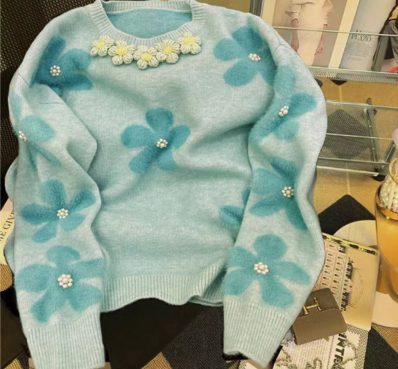 Dames striktrøje med blomstermotiv og perleudsmykninger Stilla