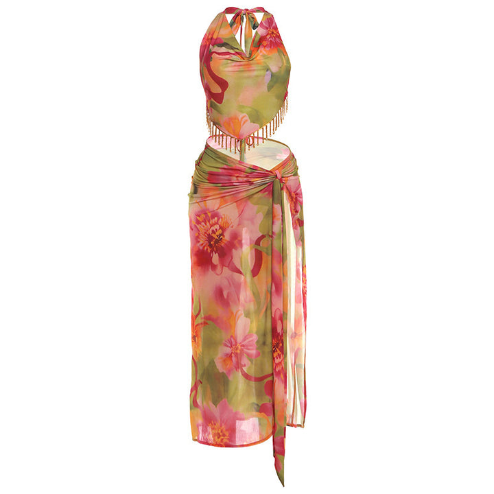 Damen florales Wickelkleid mit glamourösen Fransen und tiefem V-Ausschnitt Skovae