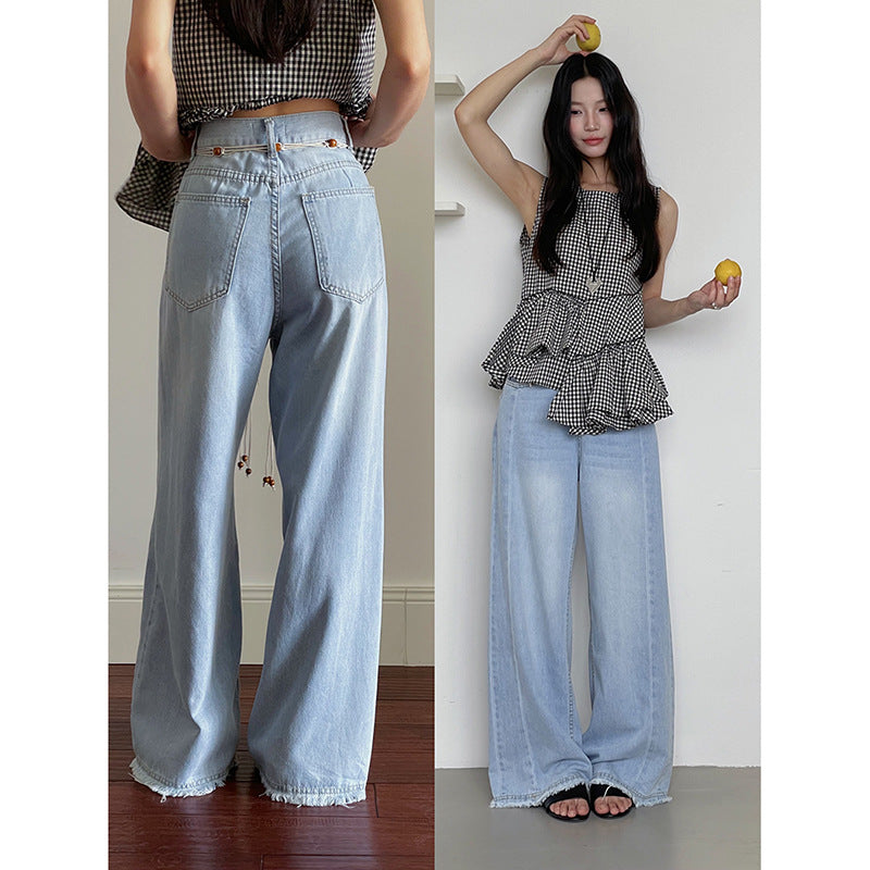 Dame High-Waist jeans i vidde snit med justerbar talje og frynset kant Stilla
