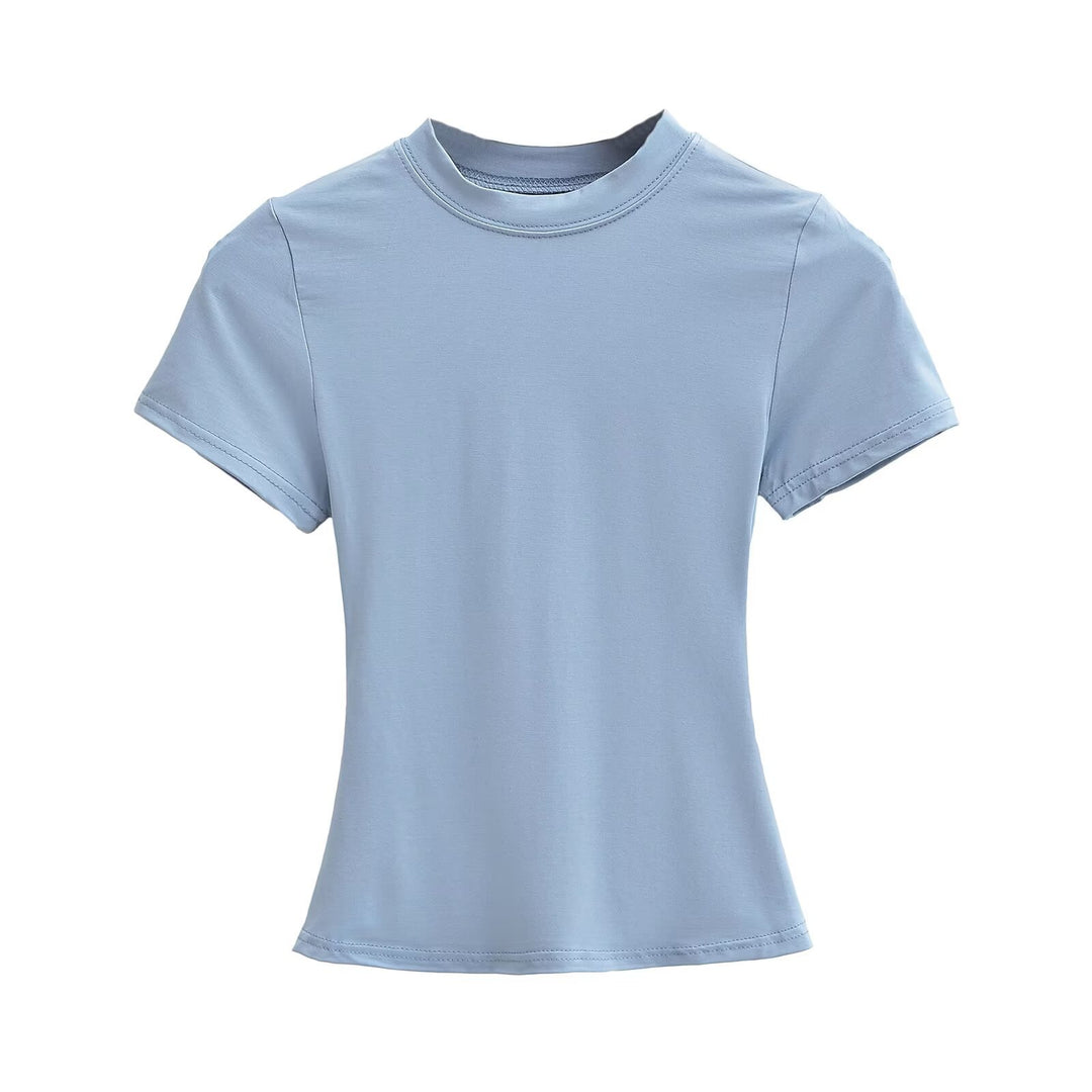Dame kortærmet T-shirt med højplease krave og figursyet snit Stilla
