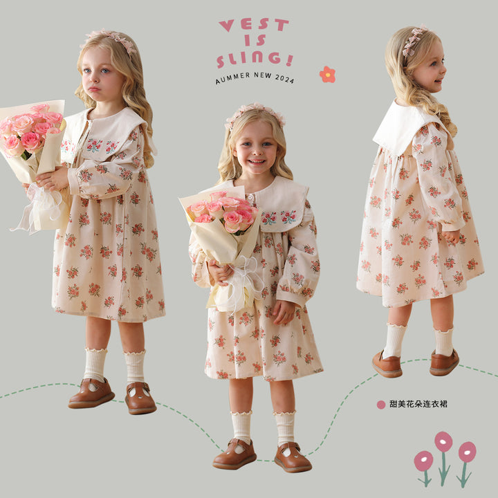 Pige vintage-inspireret floral-kjole med stor krave Stilla