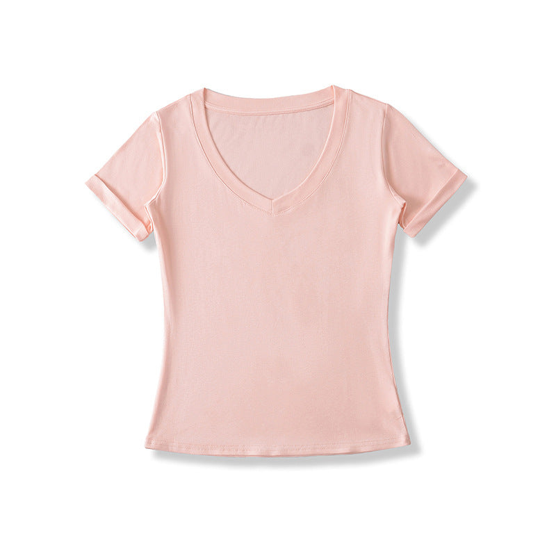 Dame V-hals T-shirt i åndbart bomuldsblandingsmateriale med figursyet snit Stilla