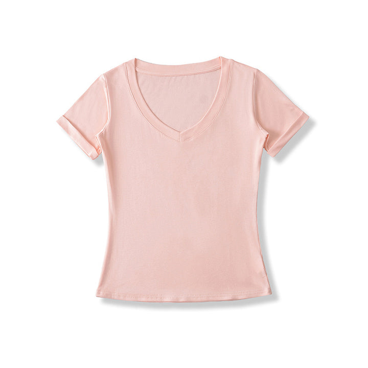 Dame V-hals T-shirt i åndbart bomuldsblandingsmateriale med figursyet snit Stilla