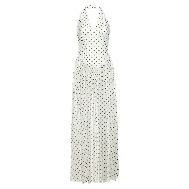 Dame Maxikjole med elegant halterdesign og legende prikkemønster Stilla