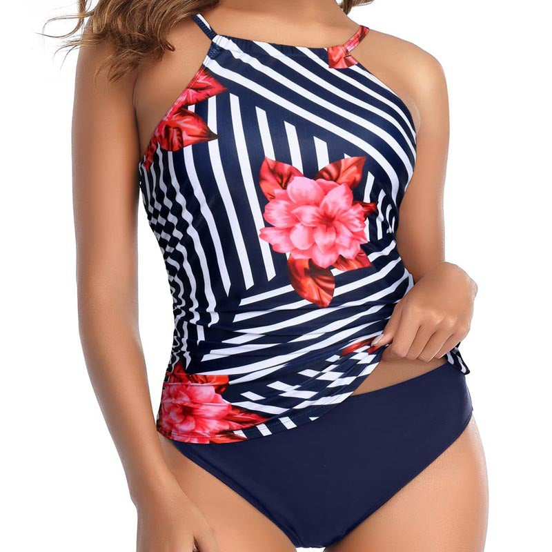 Dame Tankini-top med elegant rynkning og blomsterdesign Skovae