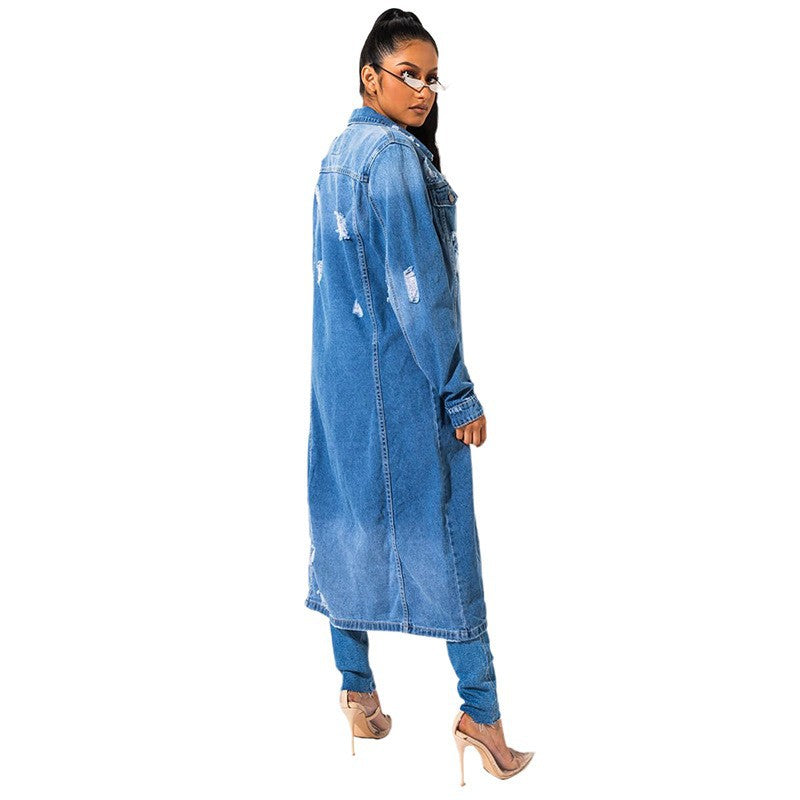 Dame lang Denim-frakke med modige Destroyed-detaljer Stilla
